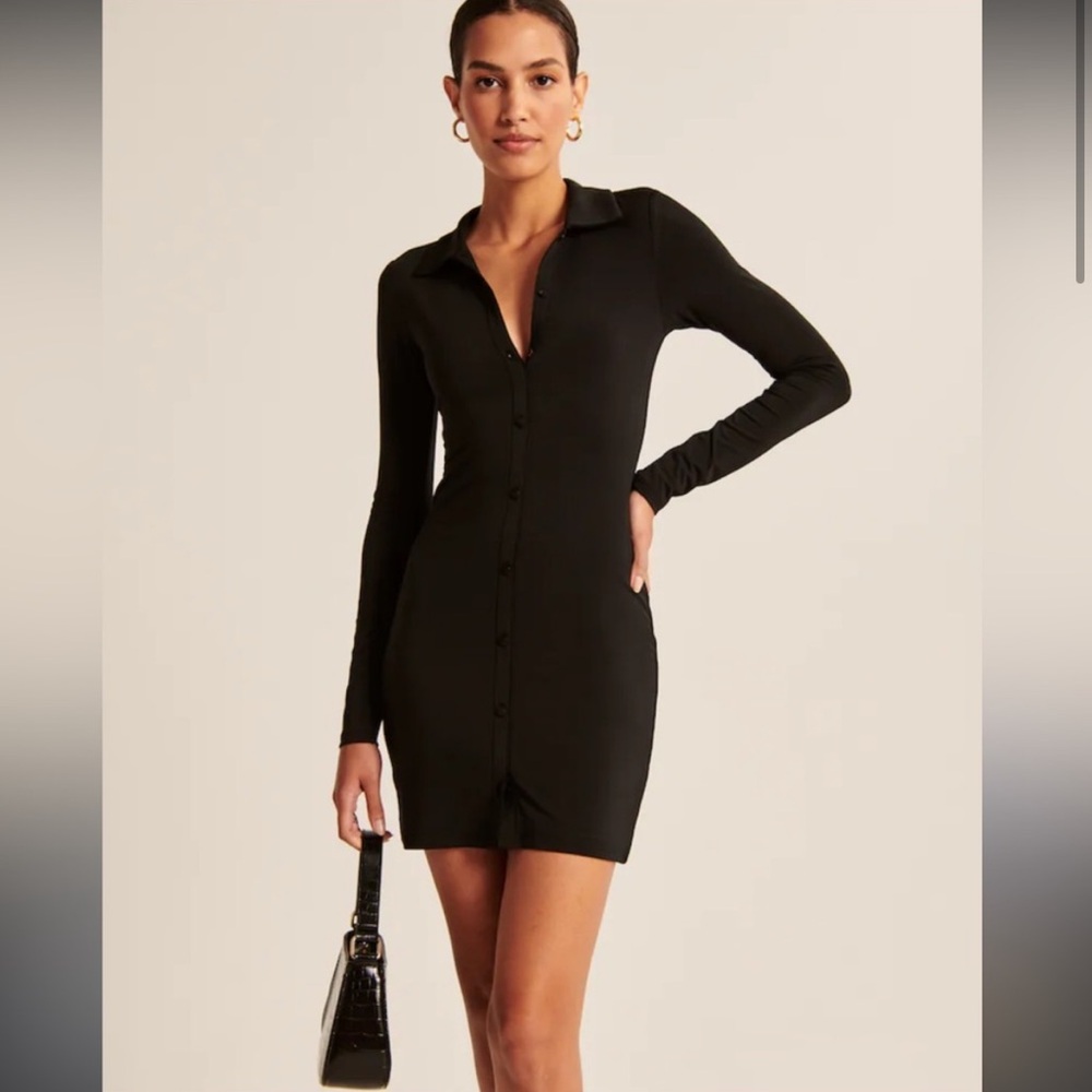 Abercrombie black button front stretch mini dress with collar size medium tall